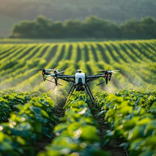 Agricultural drone conducting precision farming survey over green crop fields